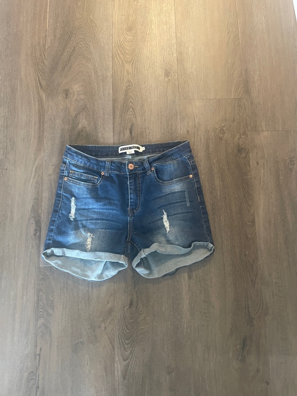 Noisy may Distressed Rolled Hem Denim Shorts - Dark Blue